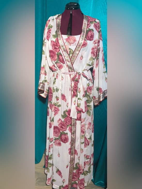 Oscar de la Renta Other - OSCAR DE LA RENTA PINK LABEL FLORAL ROSES GOWN & ROBE SHEER IVORY CHIFFON SIZE L